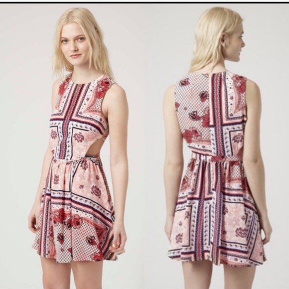 🌼 Topshop Pink Mini Dress Handkerchief Scarf Print Cut Out Boho Bohemian Dress - Picture 1 of 13